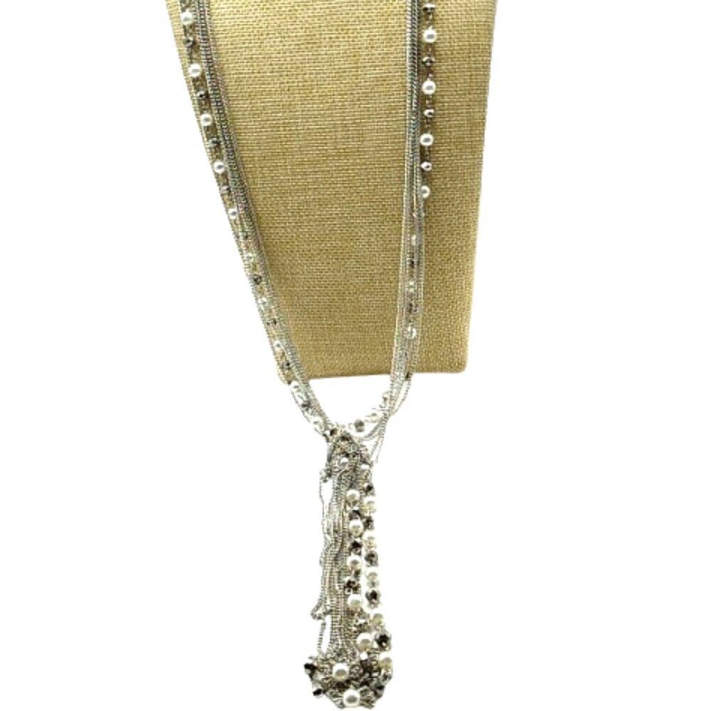 Faux Pearl Crystal Necklace Beaded Multi-Strand Layered Tassel Silver-tone Chain